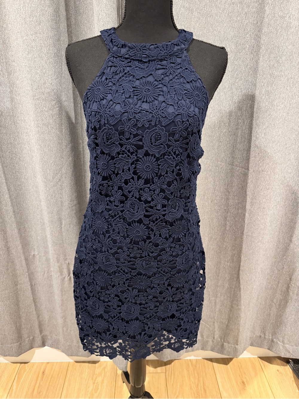 Lulu's Navy Floral Crochet Halter Mini Dress